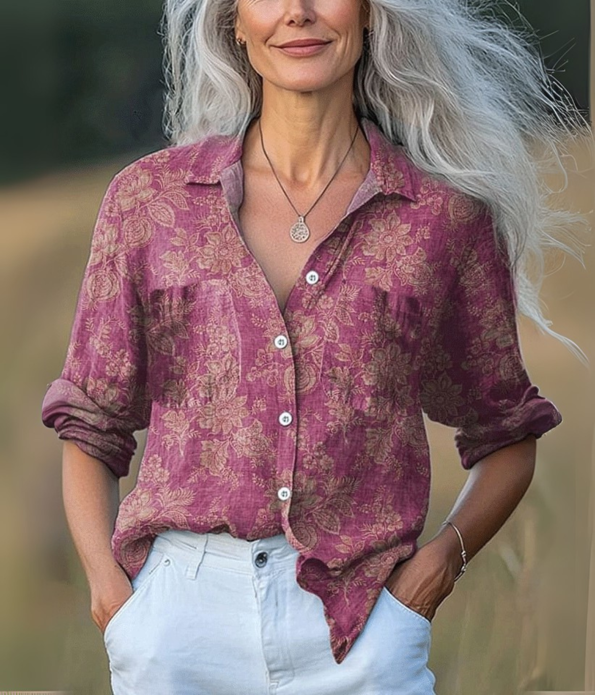 パープルエレガントVネックロングスリーブトップス