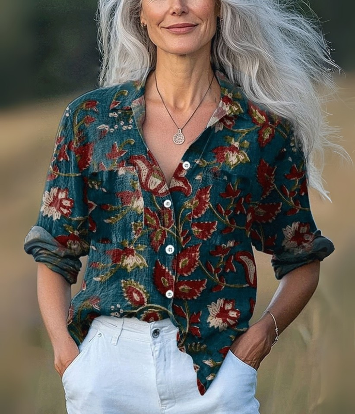 紺のエレガントなVネックロングスリーブトップス