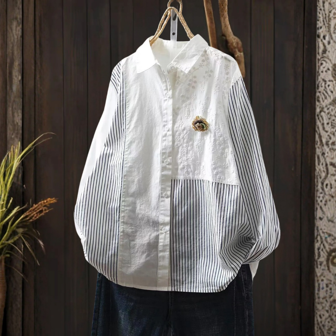 3Dフラワー刺繍ストライプシャツ