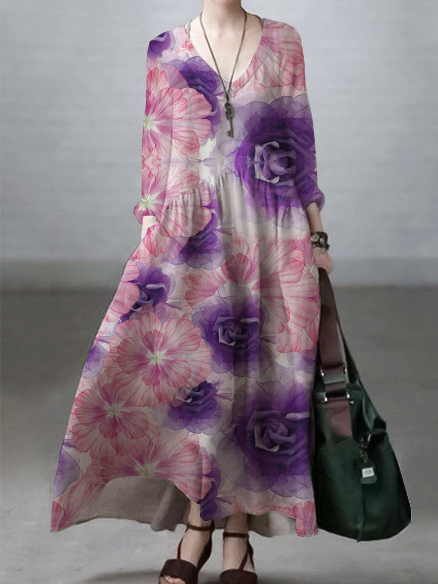 パープルのバラ柄カジュアルVネックワンピース