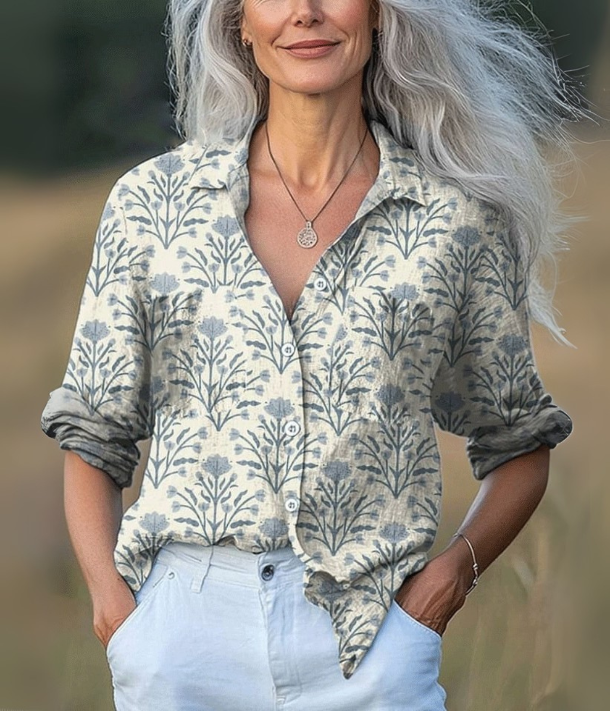 グレーのエレガントなVネックロングスリーブトップス