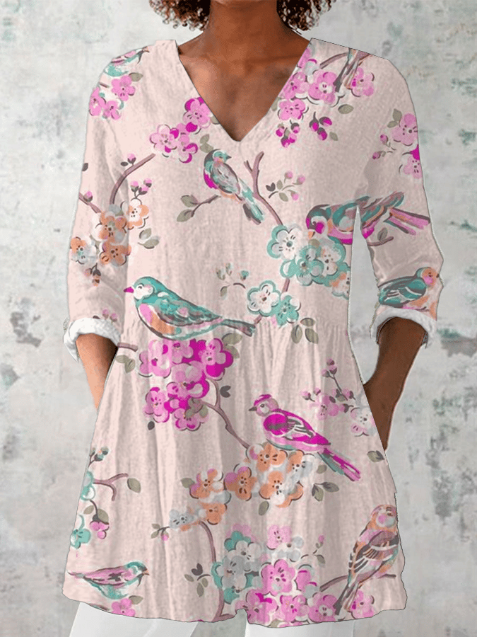 ヴィンテージバードフローラルプリントVネックシャツ