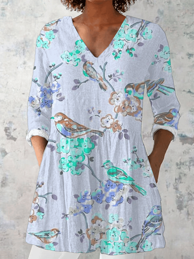 ヴィンテージバードフローラルプリントVネックシャツ