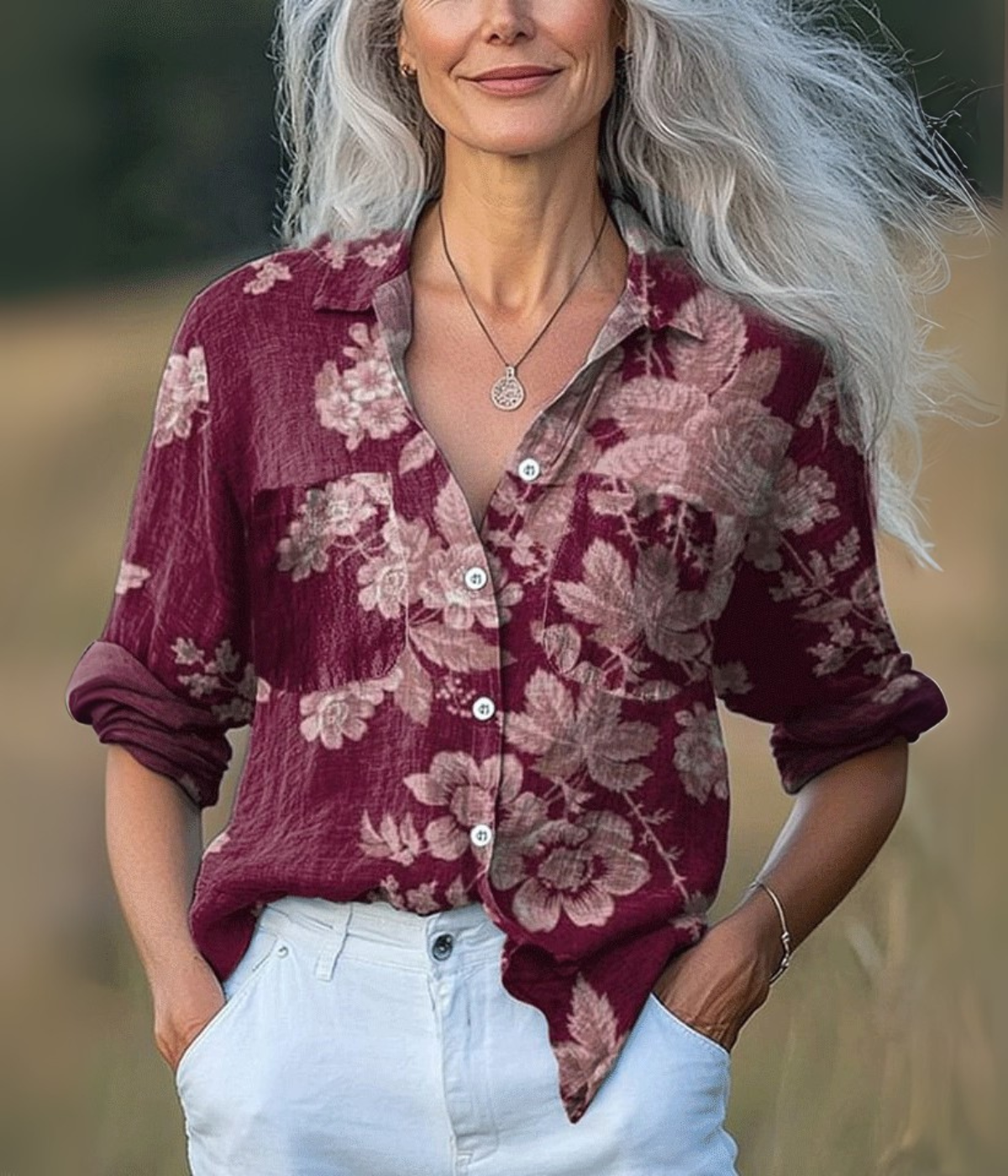 ワインレッドのエレガントなVネックロングスリーブトップス