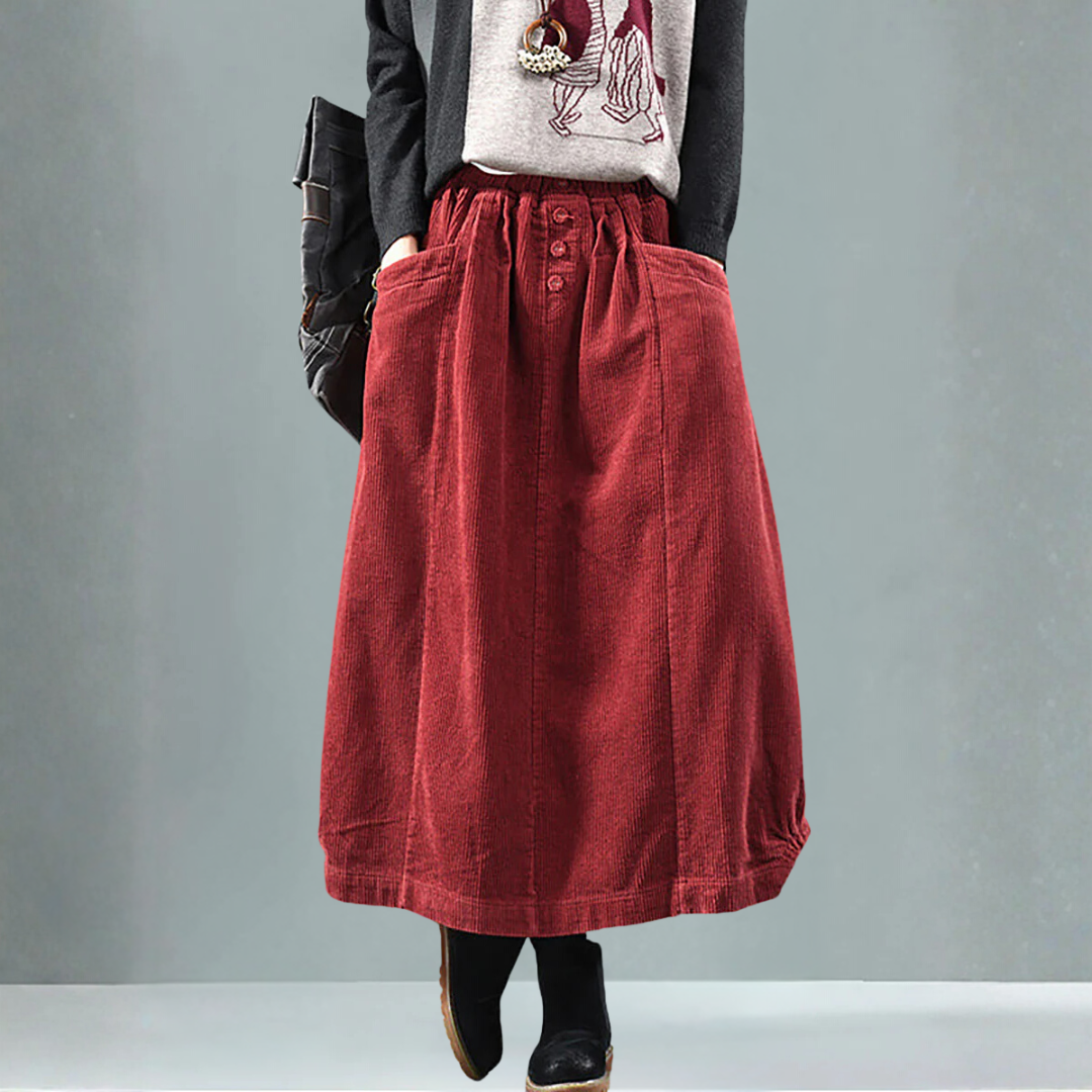 ウエストゴムふくらはぎ丈春コーデュロイスカート