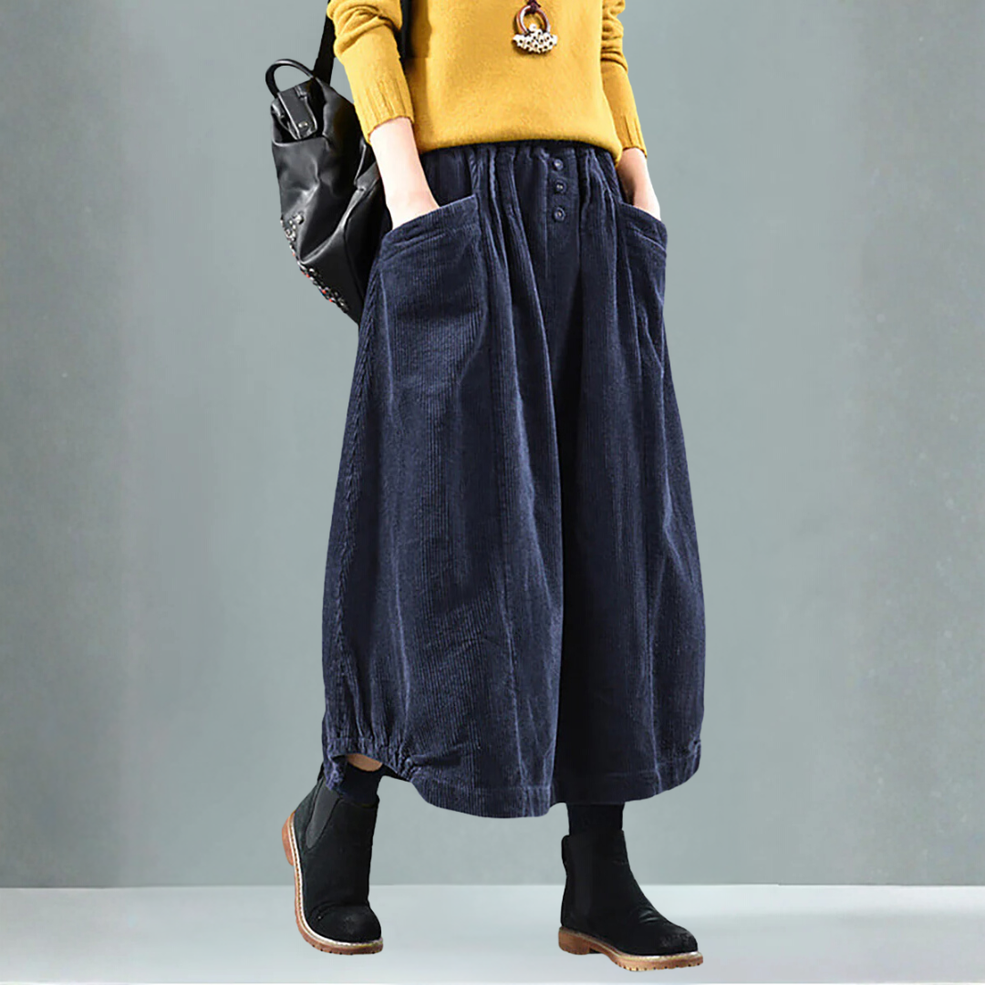 ウエストゴムふくらはぎ丈春コーデュロイスカート