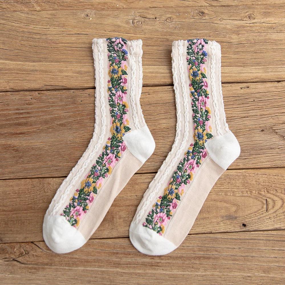 女性用、秋冬、厚手、刺繍花柄、暖かい、中くらいの長さ、コットンソックス