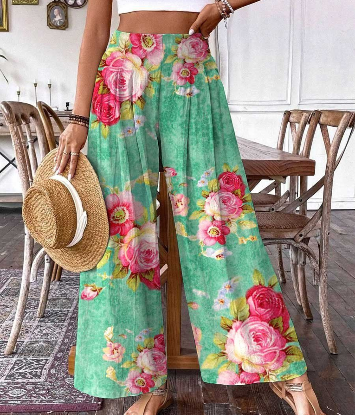 ライトグリーン花柄ワイドパンツ