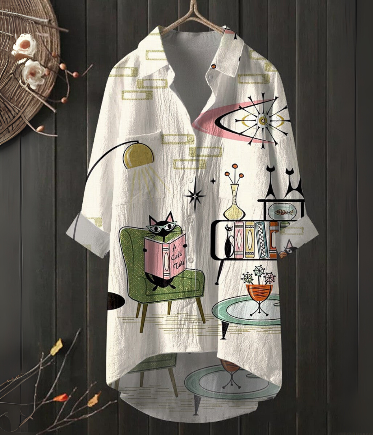 白猫アートプリントドレス