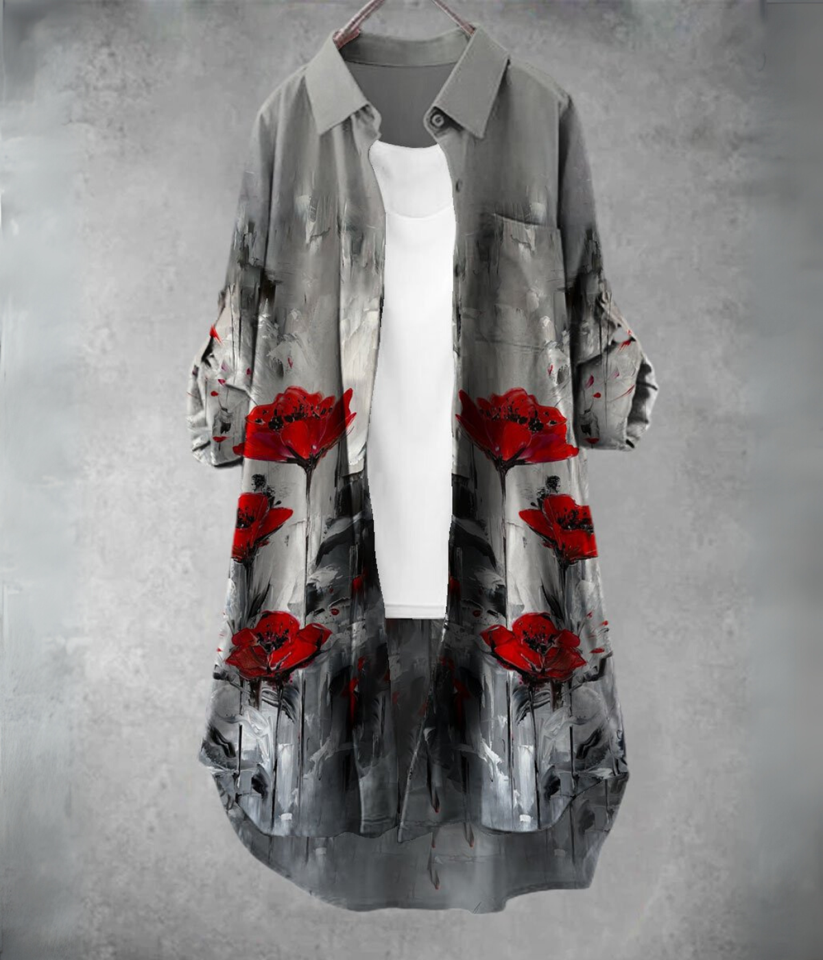 グレーのフローラルプリントドレス