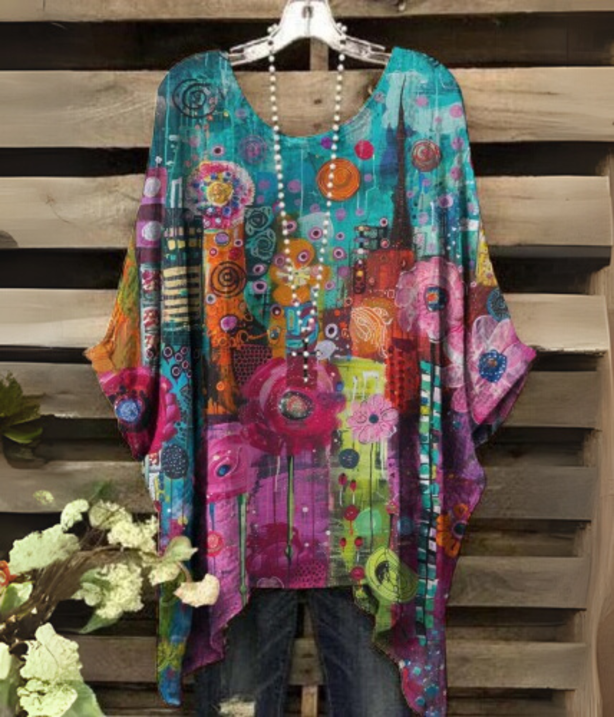 ボホー パープル アートプリント トップス