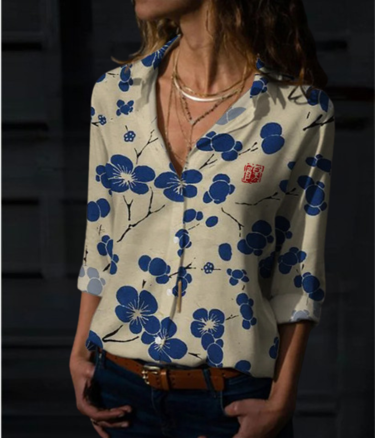 ブルーブロッサム柄ワンピースブラウス