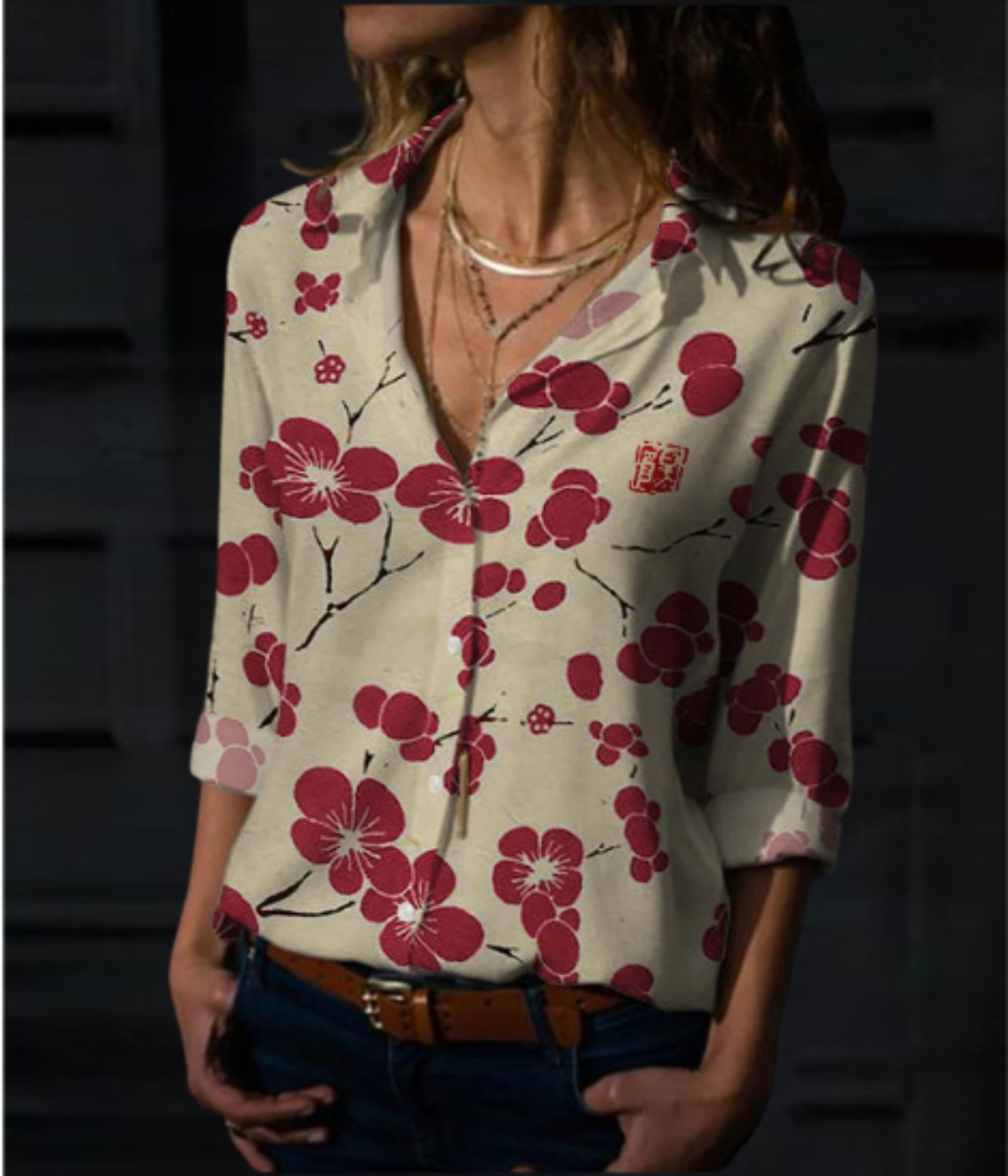 レッドブロッサム柄ワンピースブラウス