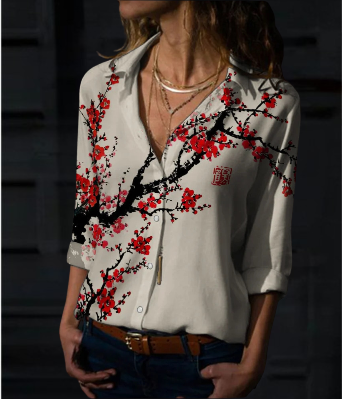 レッドリーフ柄ワンピースブラウス