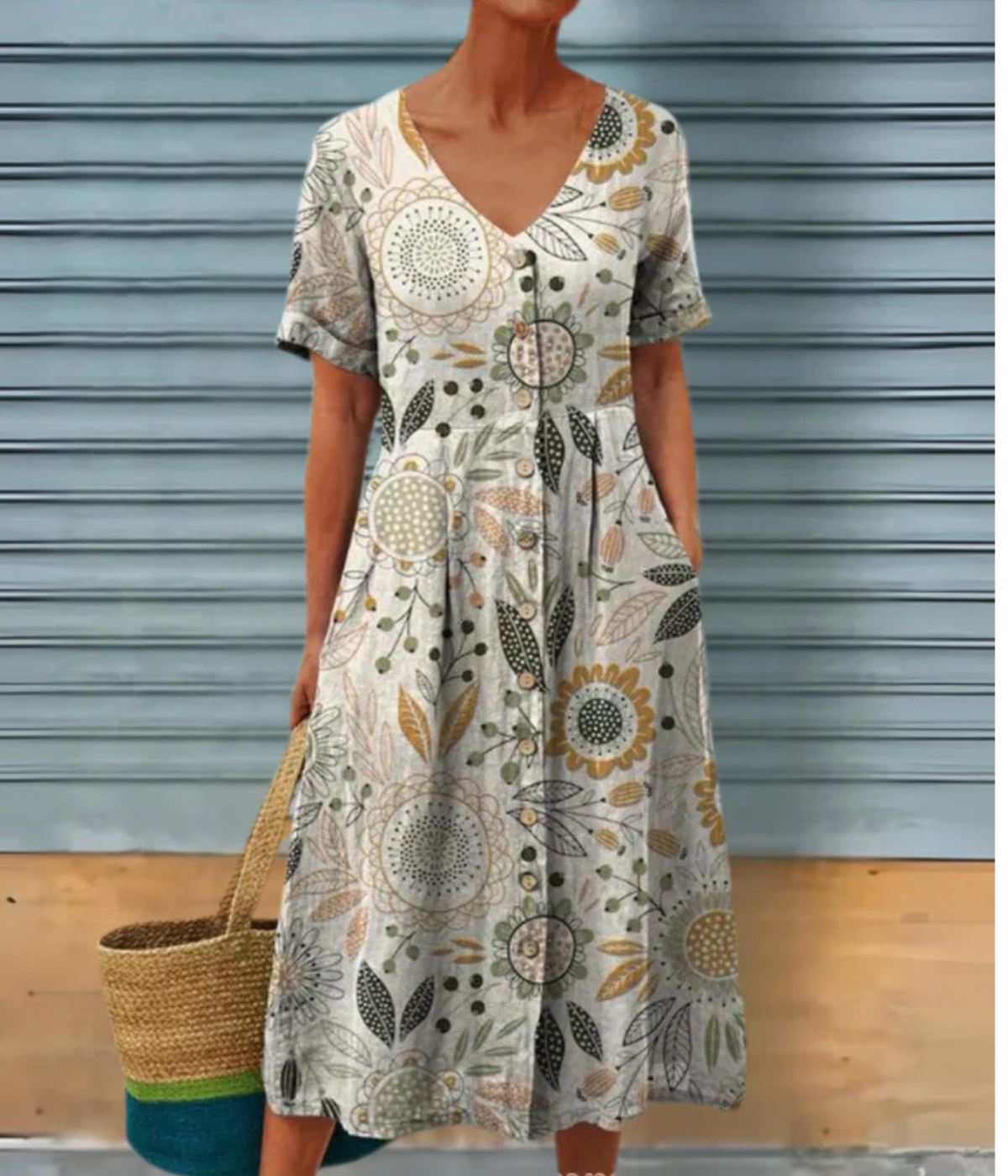 ベージュ Vネック ショートスリーブ ドレス