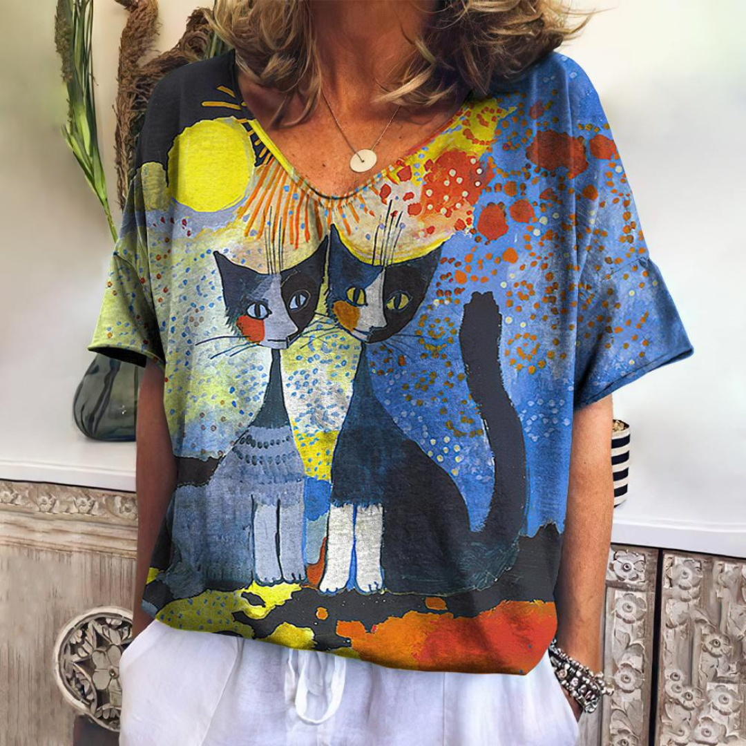 ブルーキャットプリントトップス