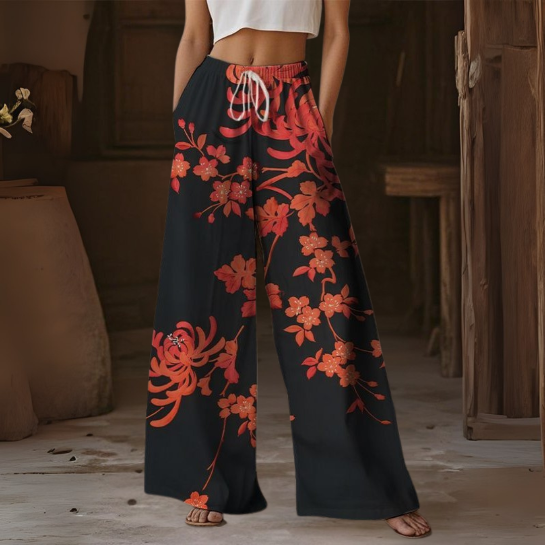 レトロ ワイドレッグ プリント サマーパンツ