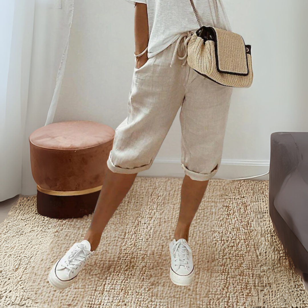 コットンリネン 膝丈 サマーパンツ
