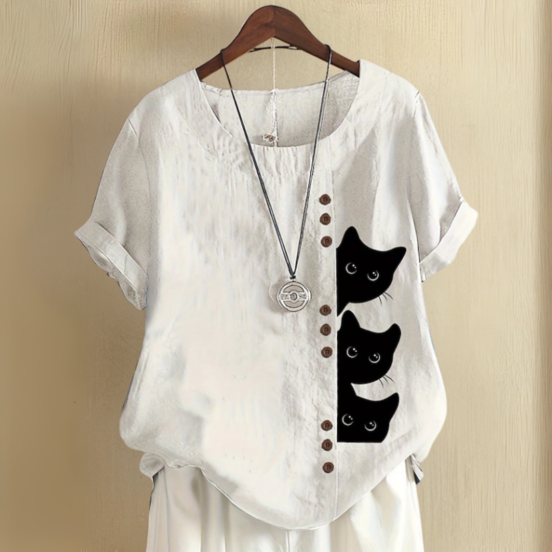 丸首猫柄夏用シャツ