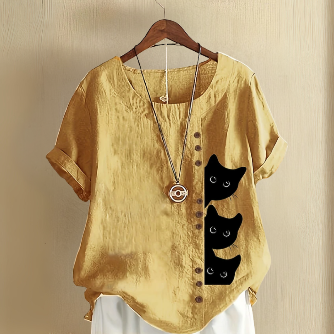 丸首猫柄夏用シャツ