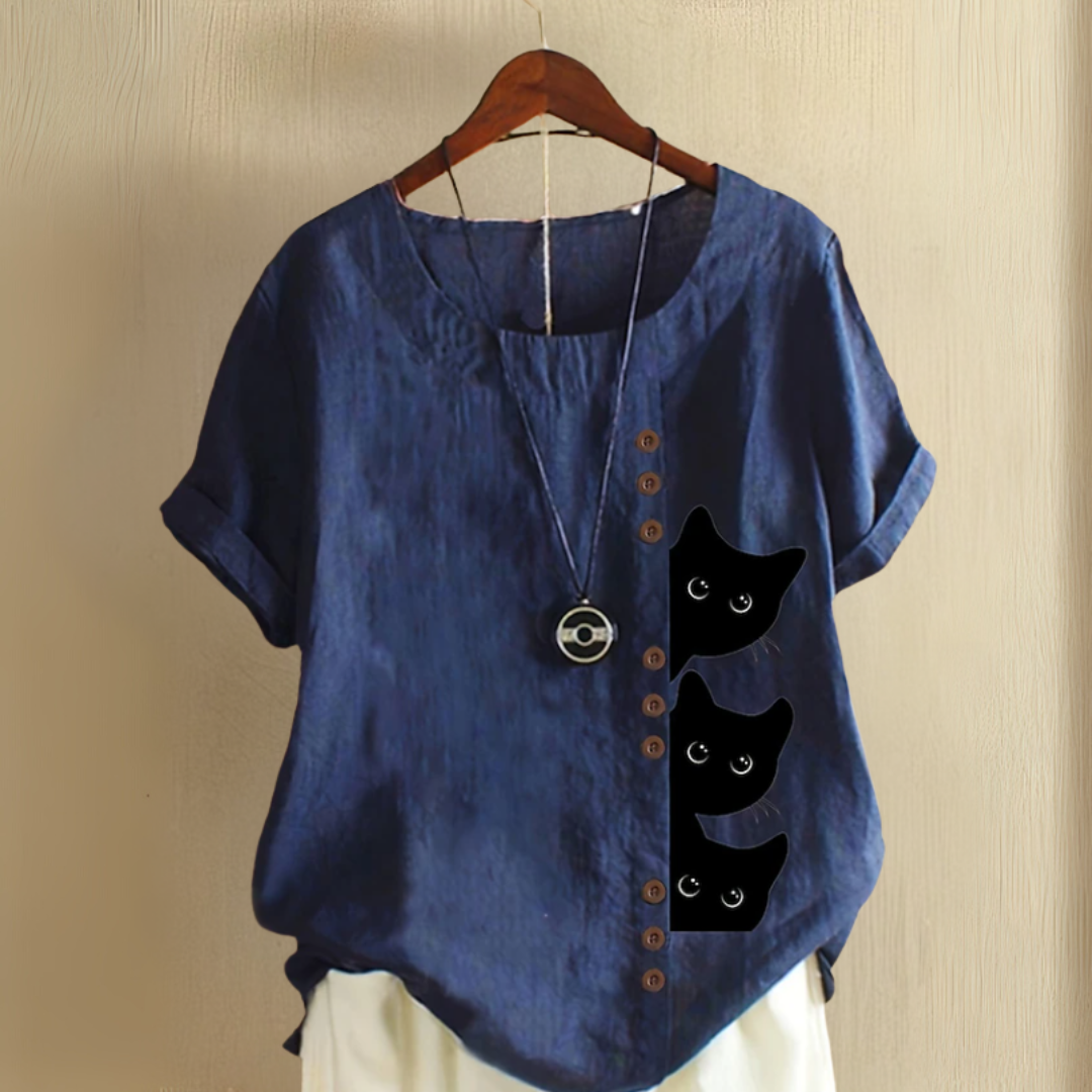 丸首猫柄夏用シャツ