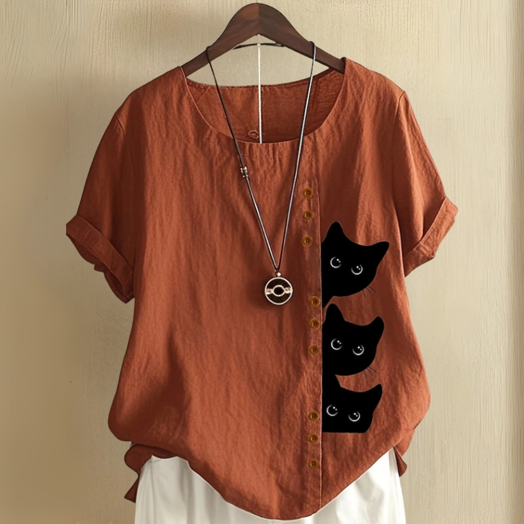 丸首猫柄夏用シャツ