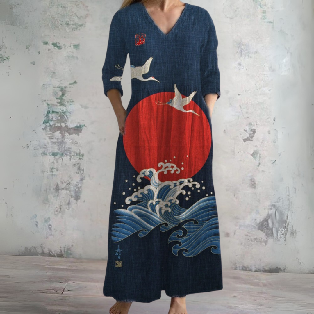 プリント柄の夏用長袖ドレス