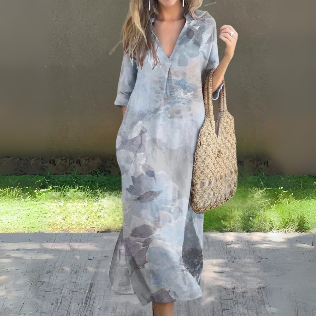 ミッドスリーブのフローリープリントロングドレス