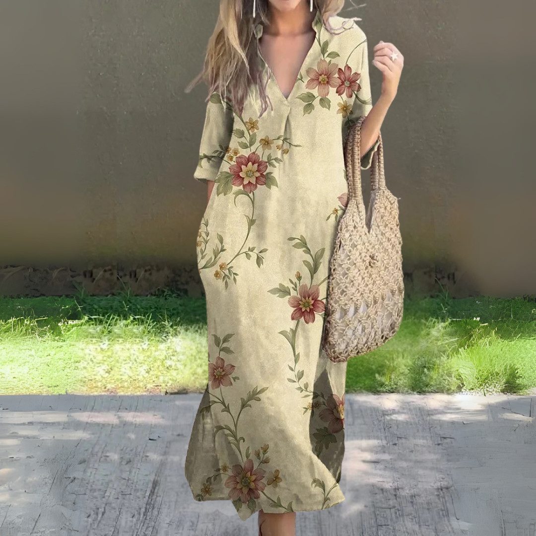 ミッドスリーブのフローリープリントロングドレス