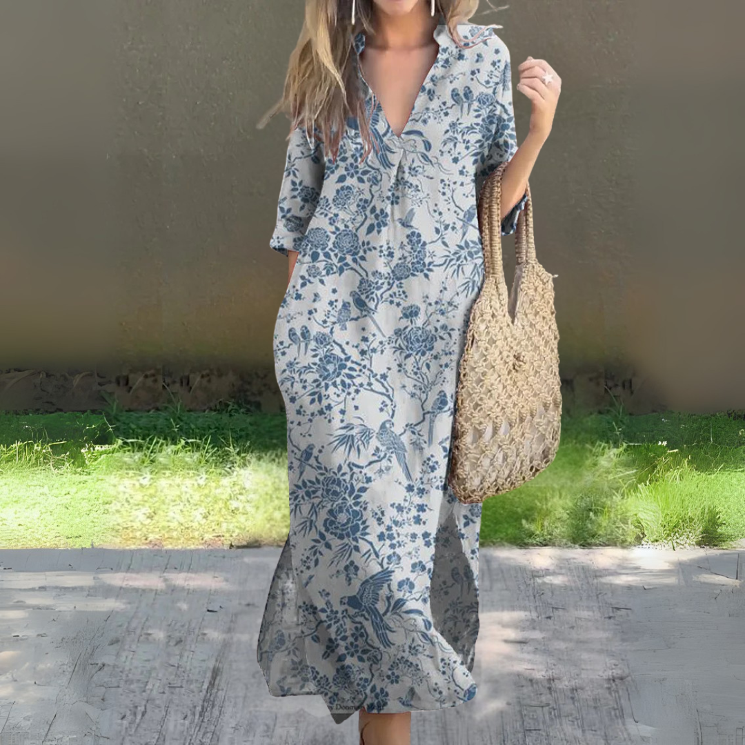 ミッドスリーブのフローリープリントロングドレス