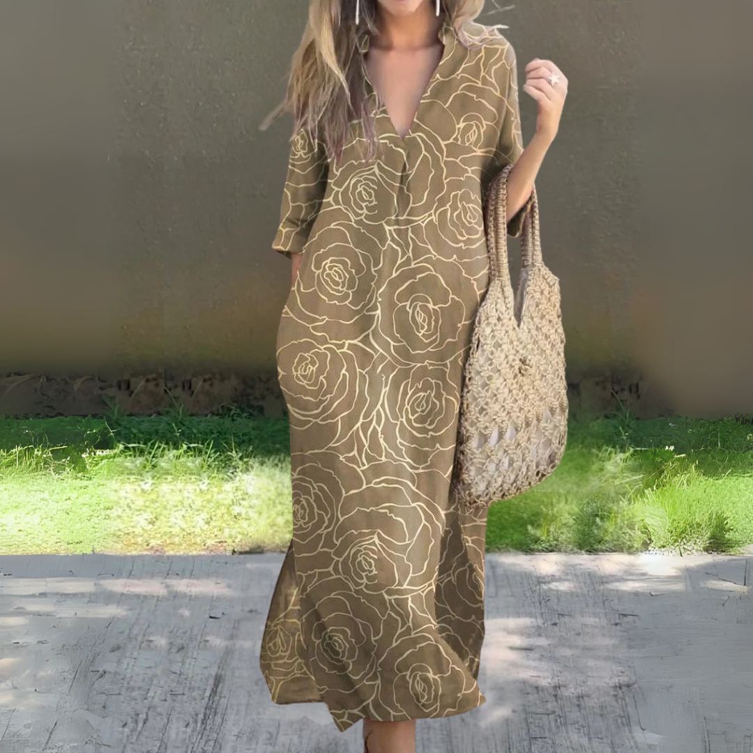 ミッドスリーブのフローリープリントロングドレス