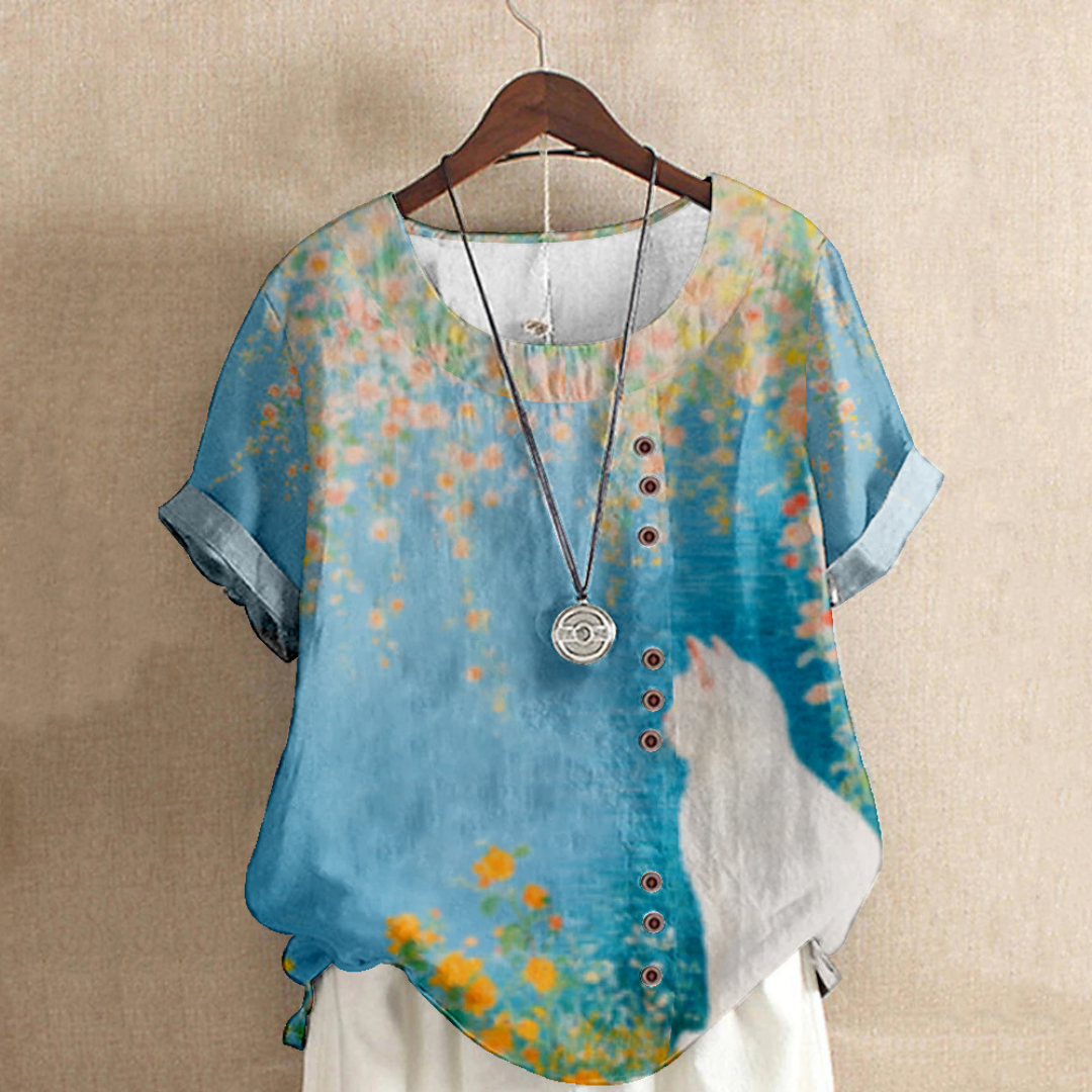 ラウンドネック キャットプリント エレガントシャツ