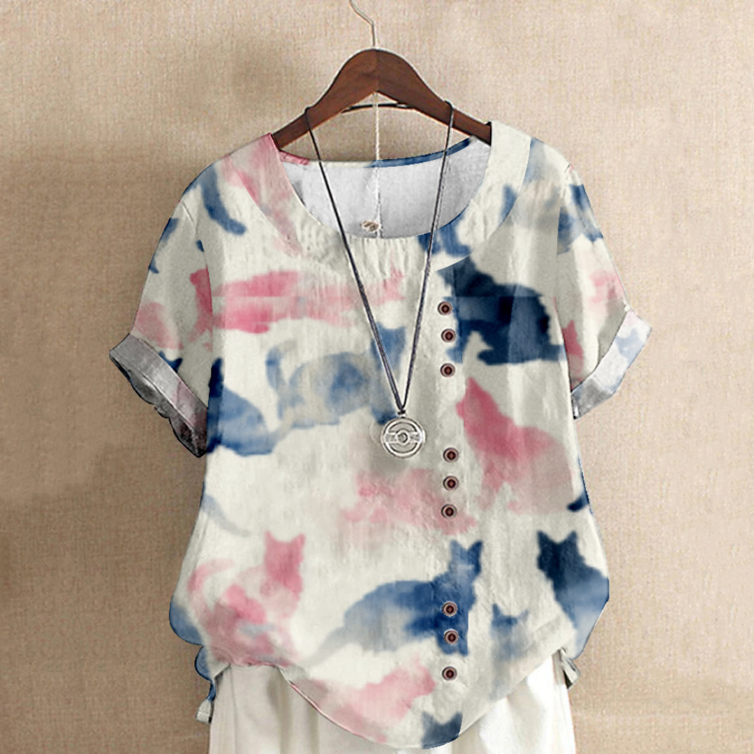 ラウンドネック キャットプリント エレガントシャツ