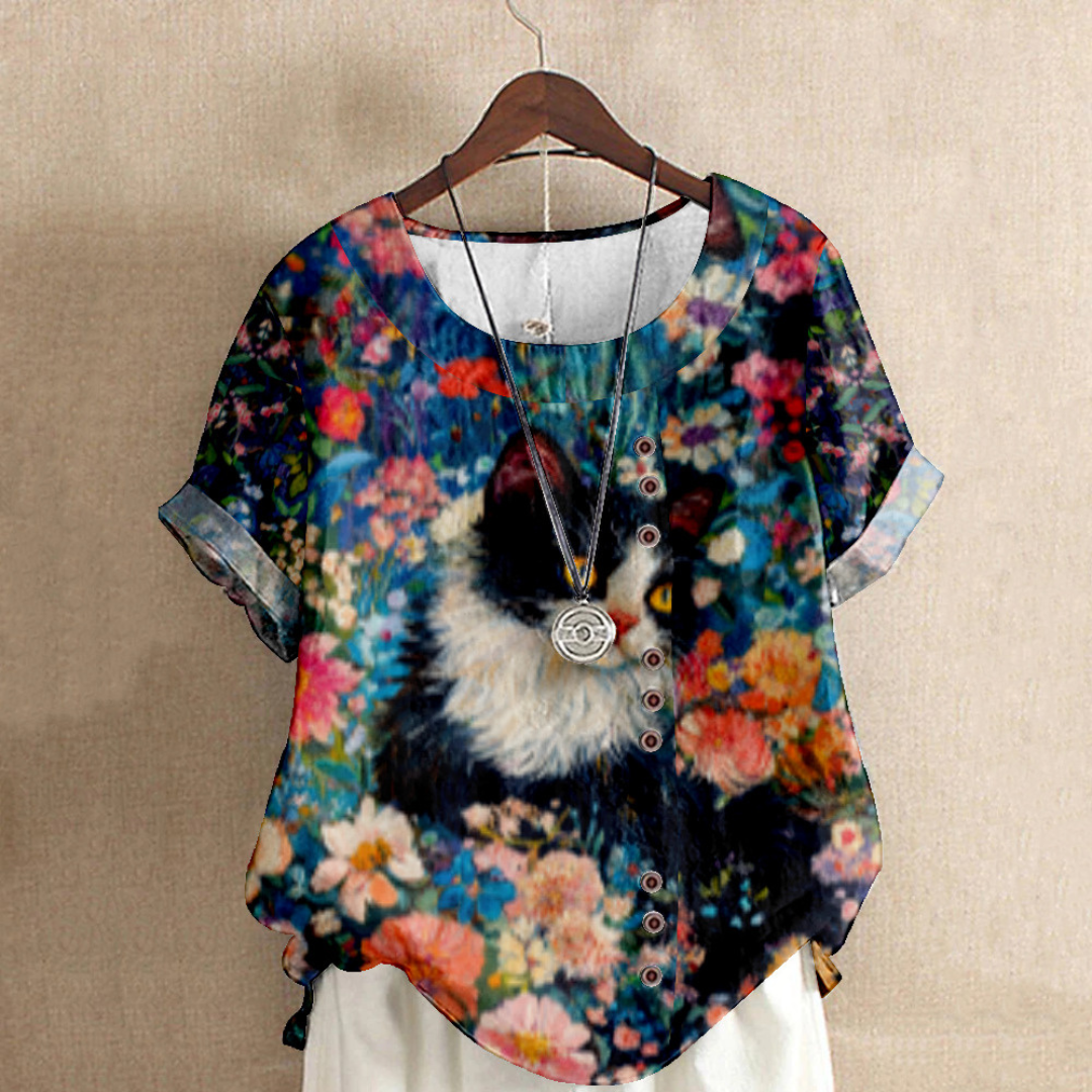 ラウンドネック キャットプリント エレガントシャツ