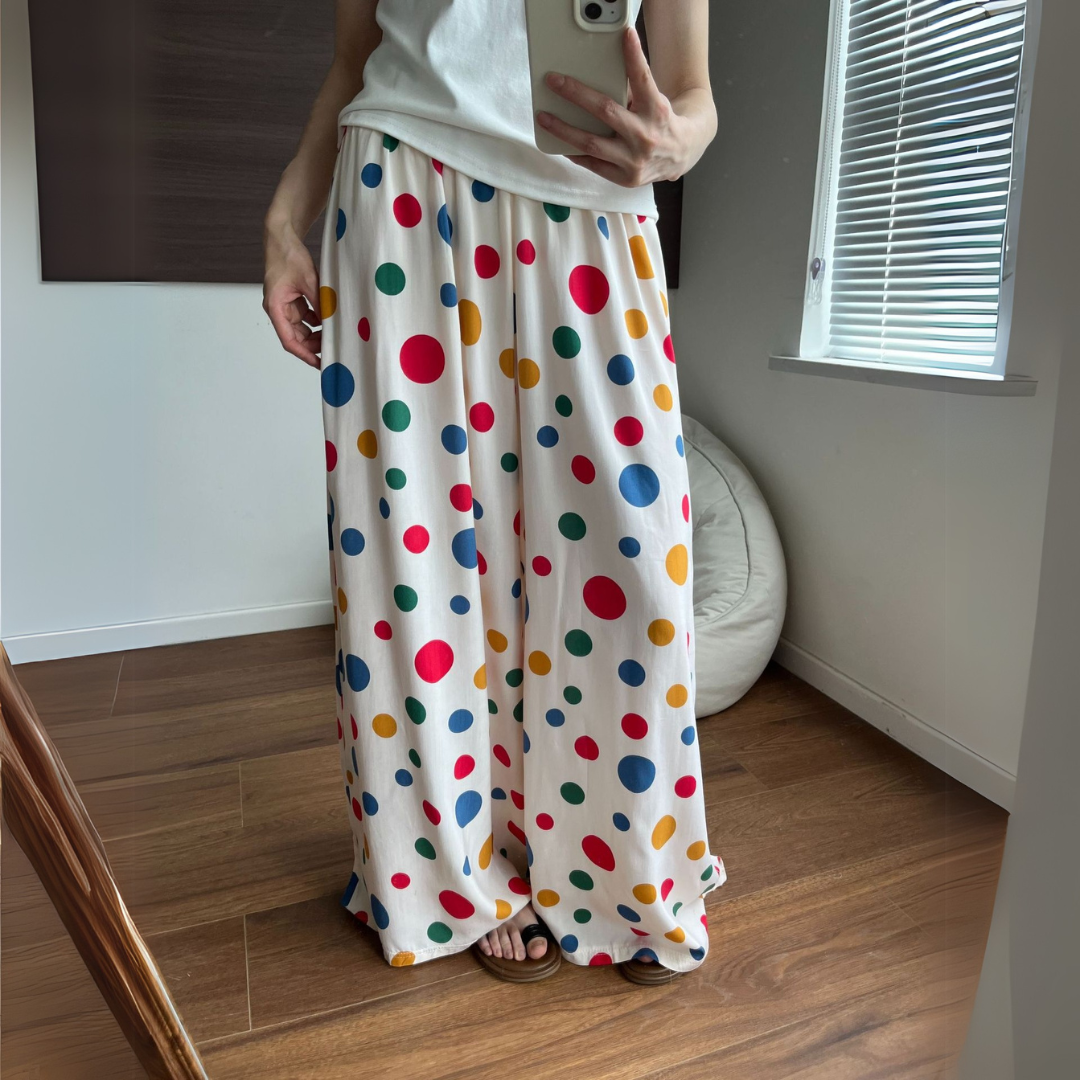 マルチカラー・ドット柄ワイドパンツ