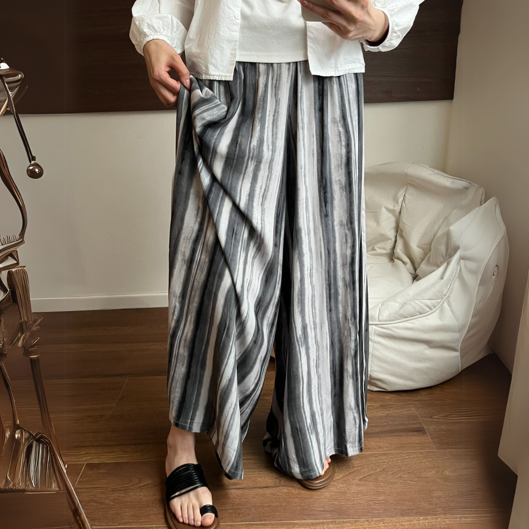 グレー-ホワイト・ワイドレッグ・パンツ