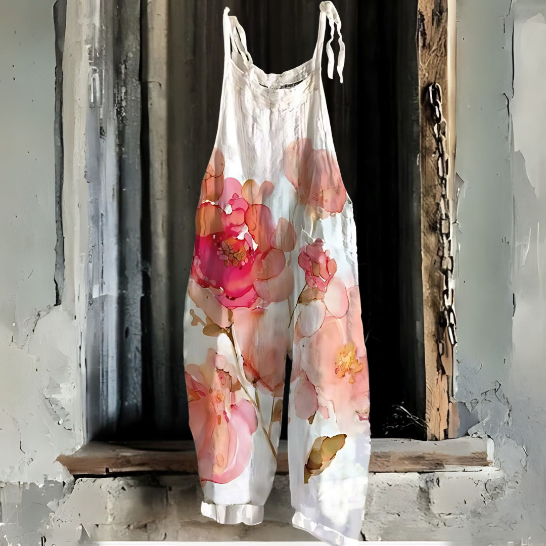 ホワイト花柄レトロプリント・ジャンプスーツ