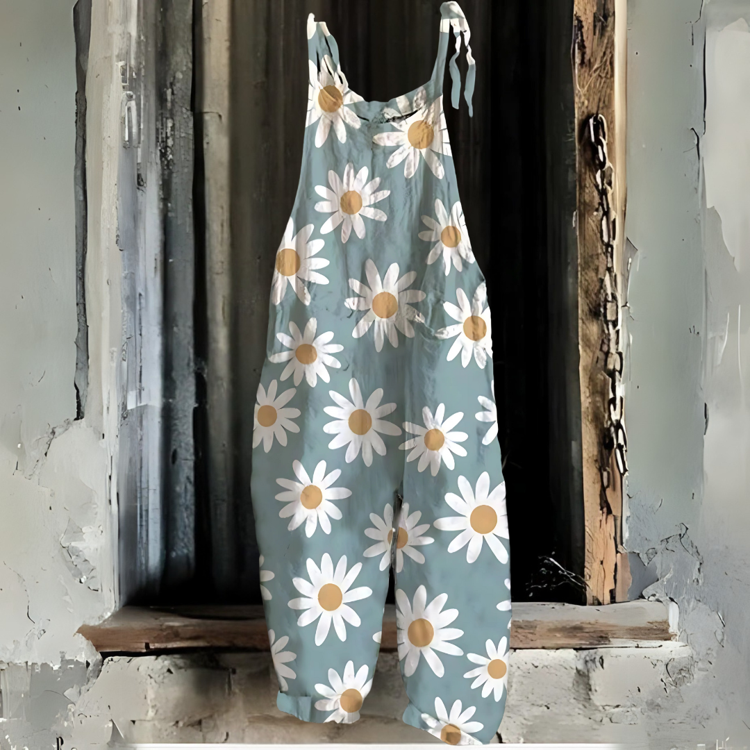 ブルー花柄レトロプリント・ジャンプスーツ