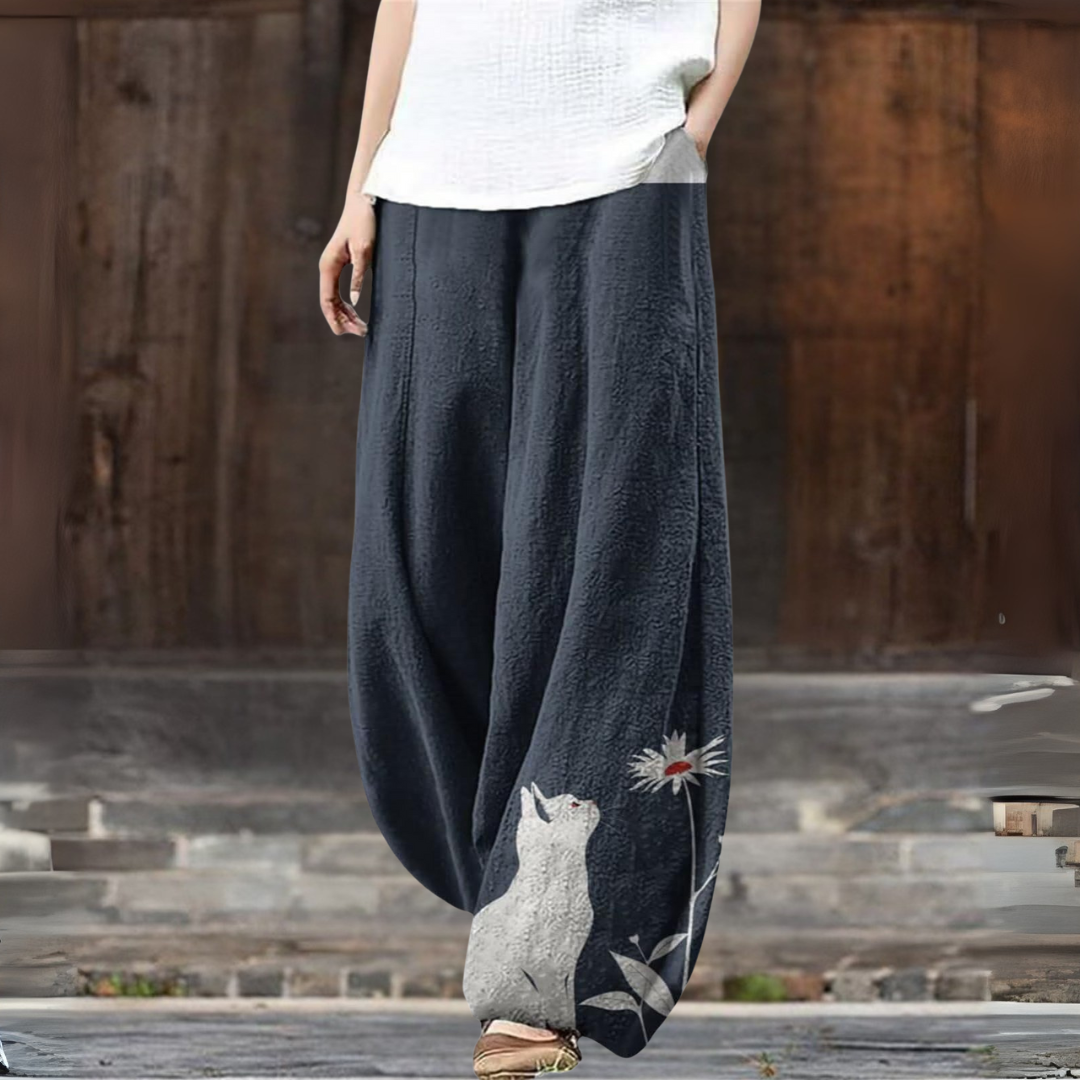 ダークグレー キャットプリント ワイドパンツ