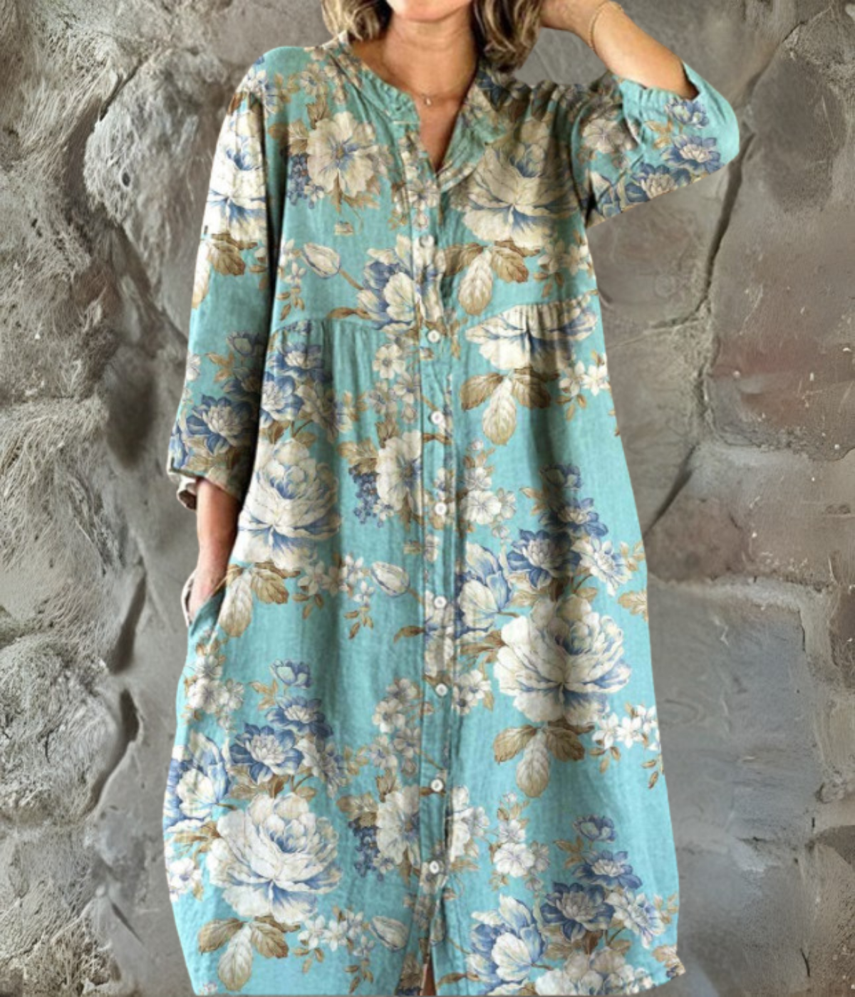 グレーフラワープリントロングスリーブワンピース