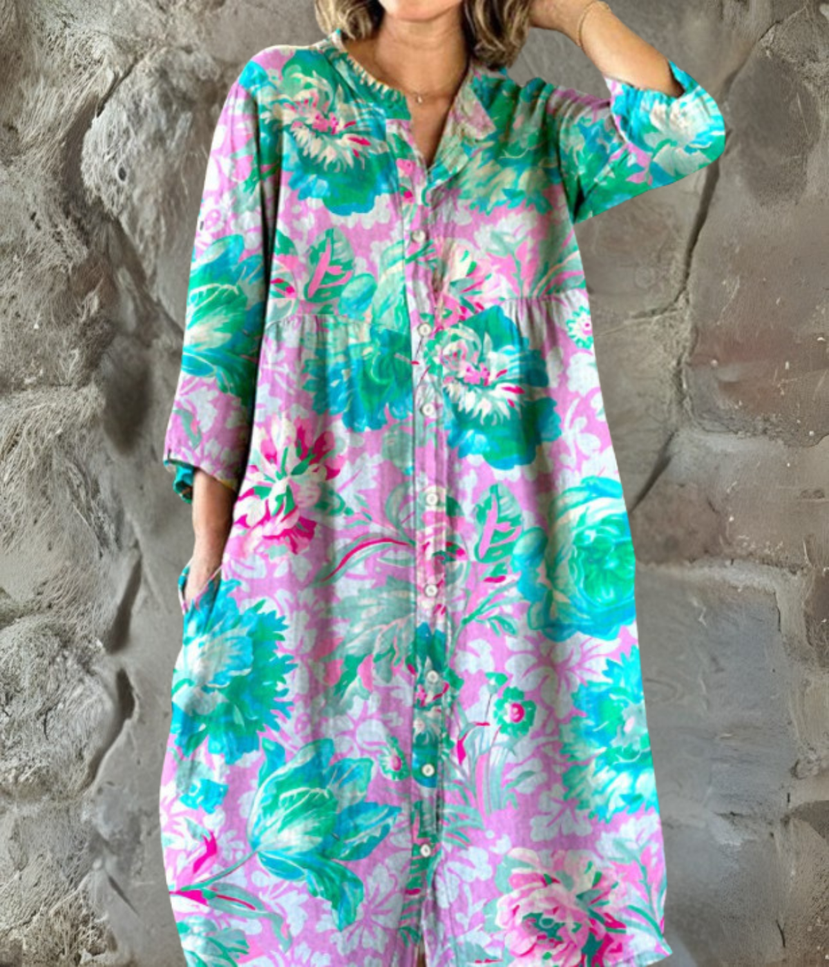 ブルーグリーン花柄ロングスリーブワンピース