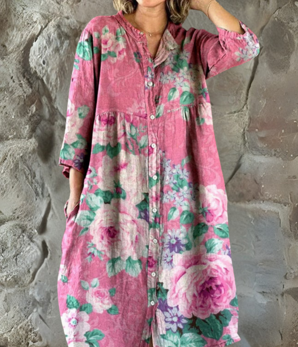 ピンクフラワープリントロングスリーブワンピース