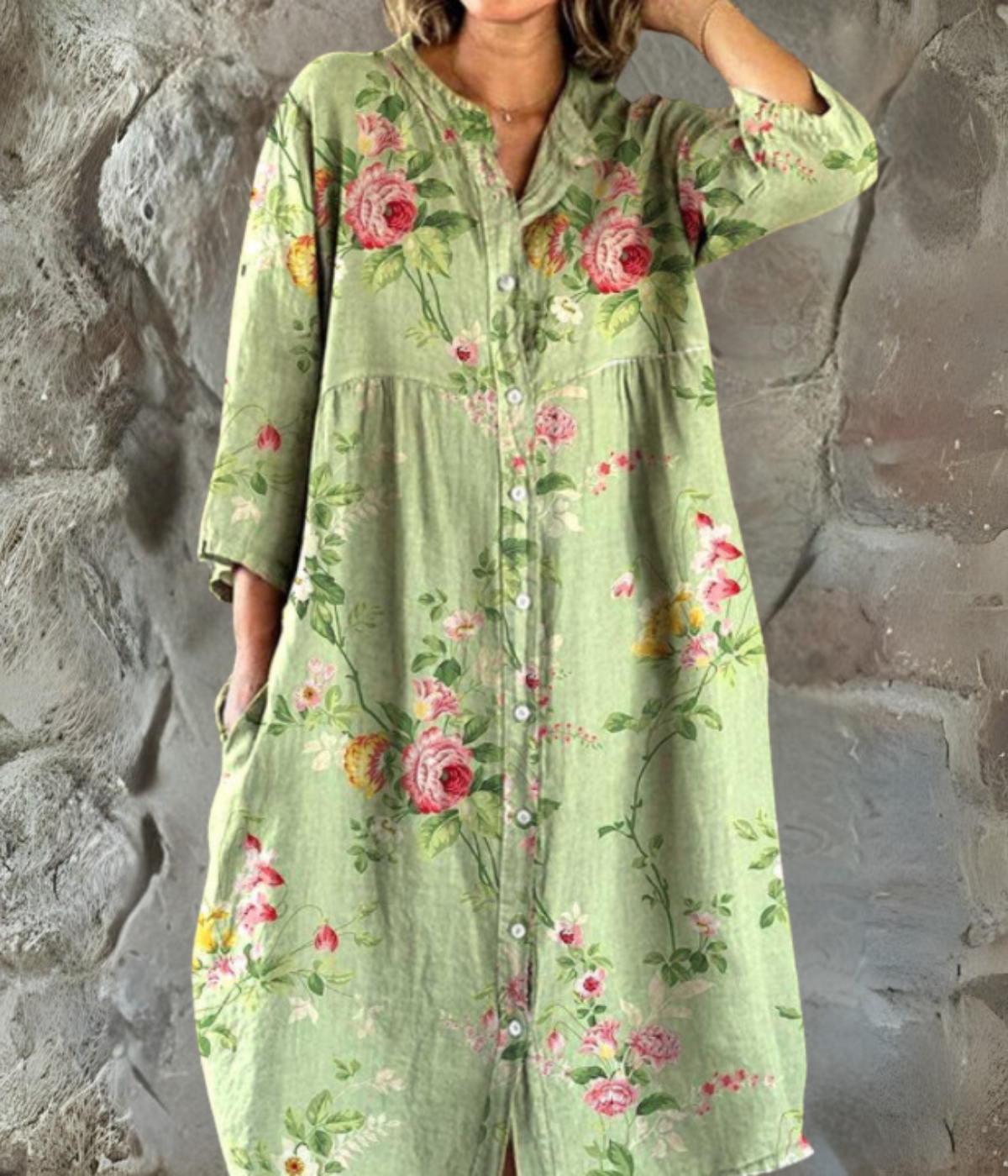 ライトグリーンプリントロングスリーブワンピース