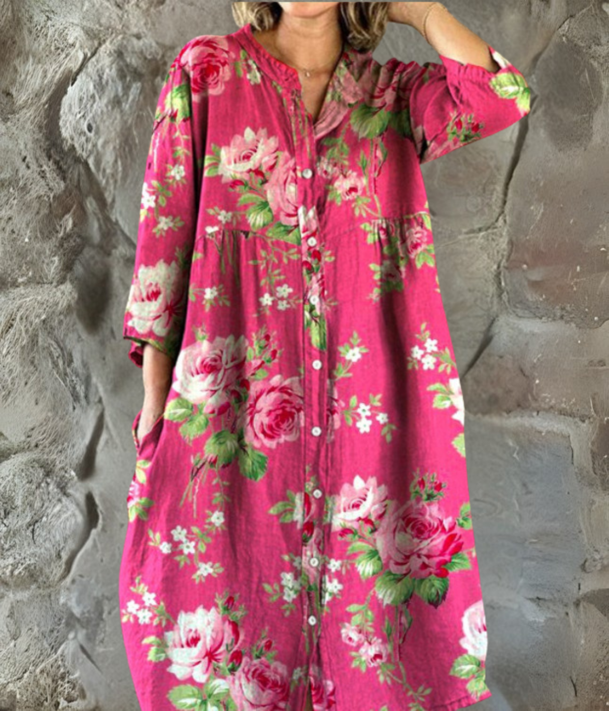 ピンク花柄ロングスリーブワンピース