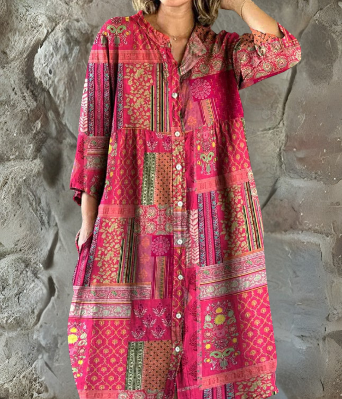 ピンクパッチロングスリーブワンピース