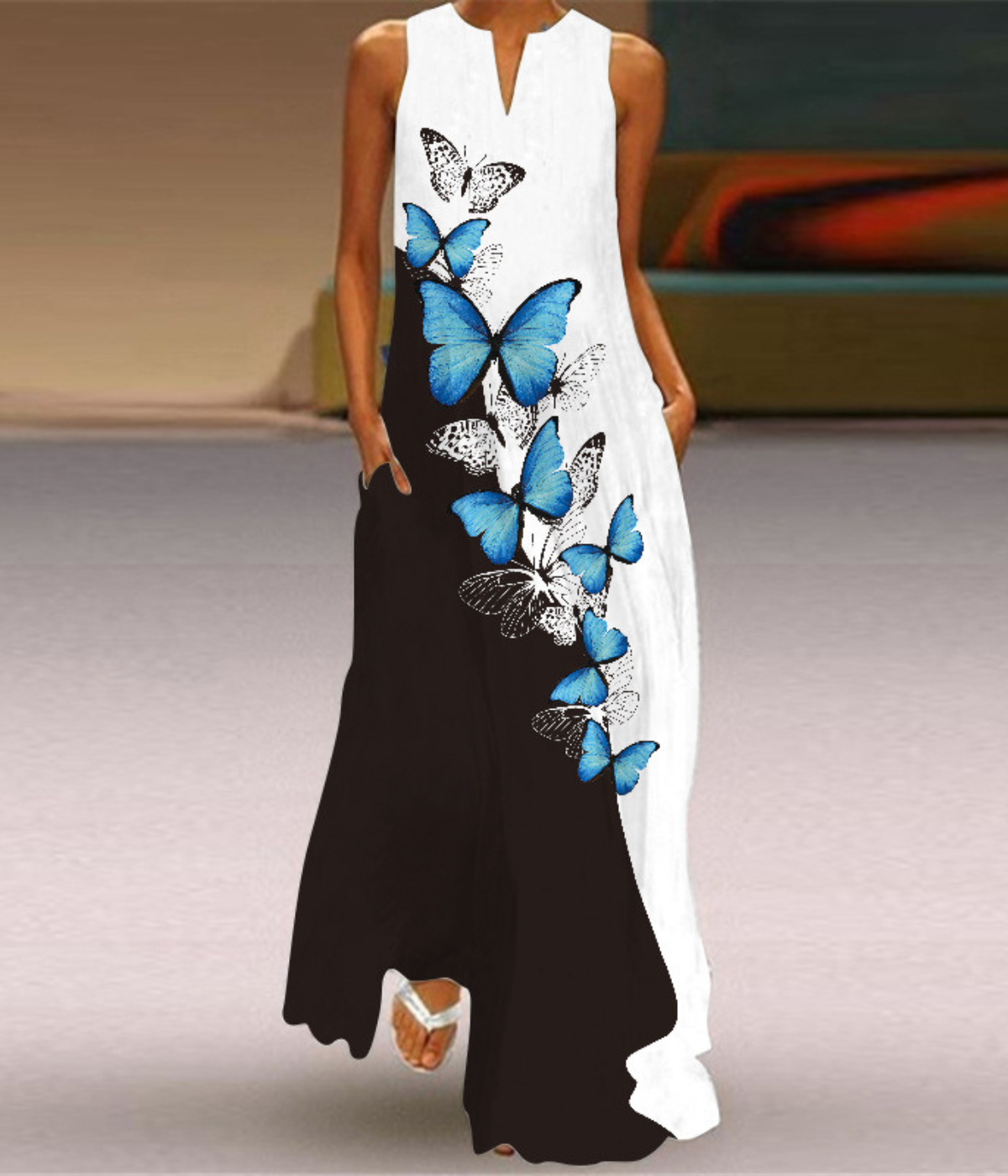 バタフライVネックプリントドレス
