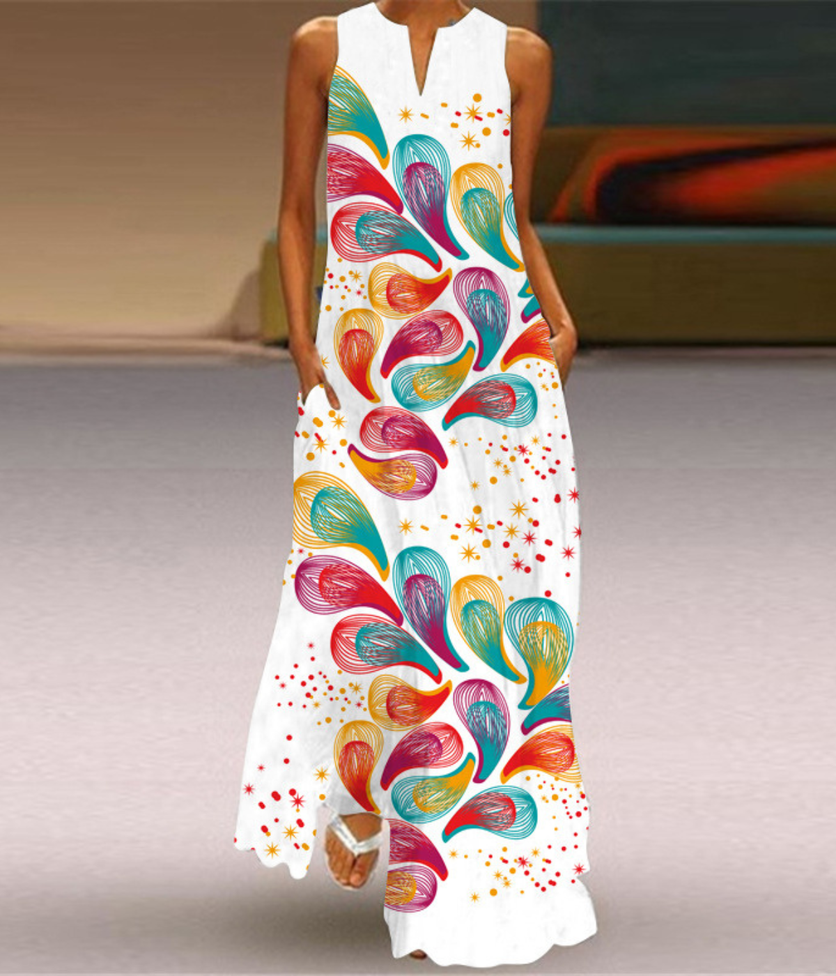 ホワイトVネックプリントドレス