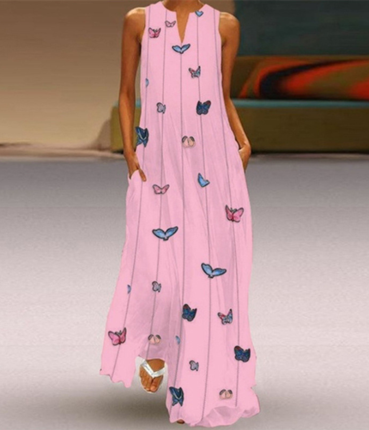 ピンクバタブルドットVネックプリントドレス