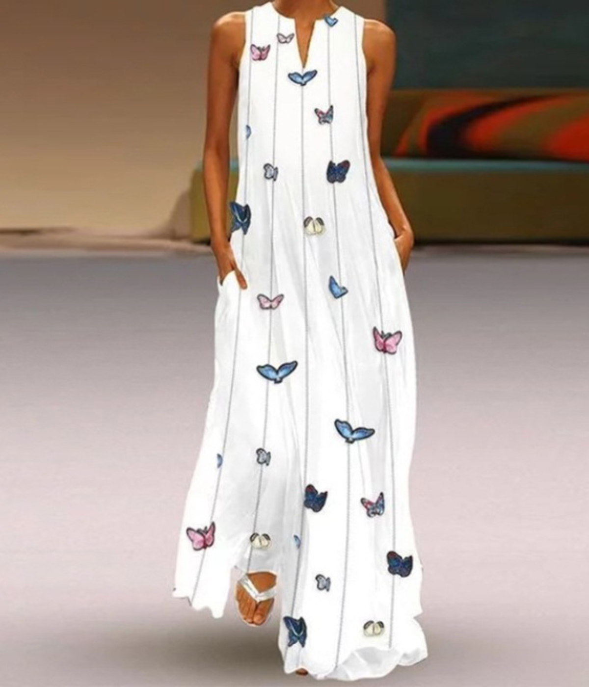 バタフライドットVネックプリントドレス