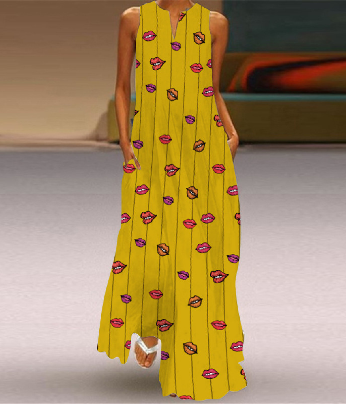 リップドットVネックプリントドレス